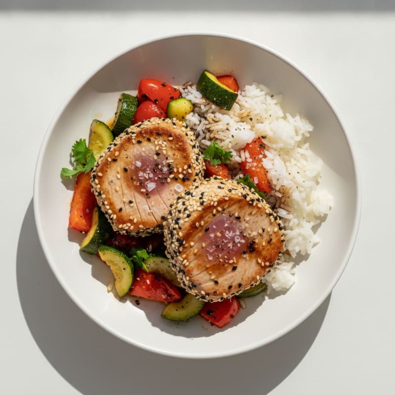 Pan-Seared Tuna with Roasted Vegetables and Rice