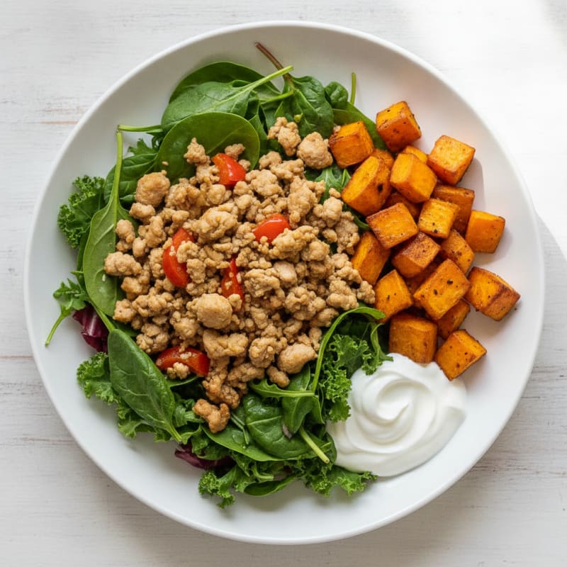 Ground Turkey Sweet Potato Bowl with Mixed Greens