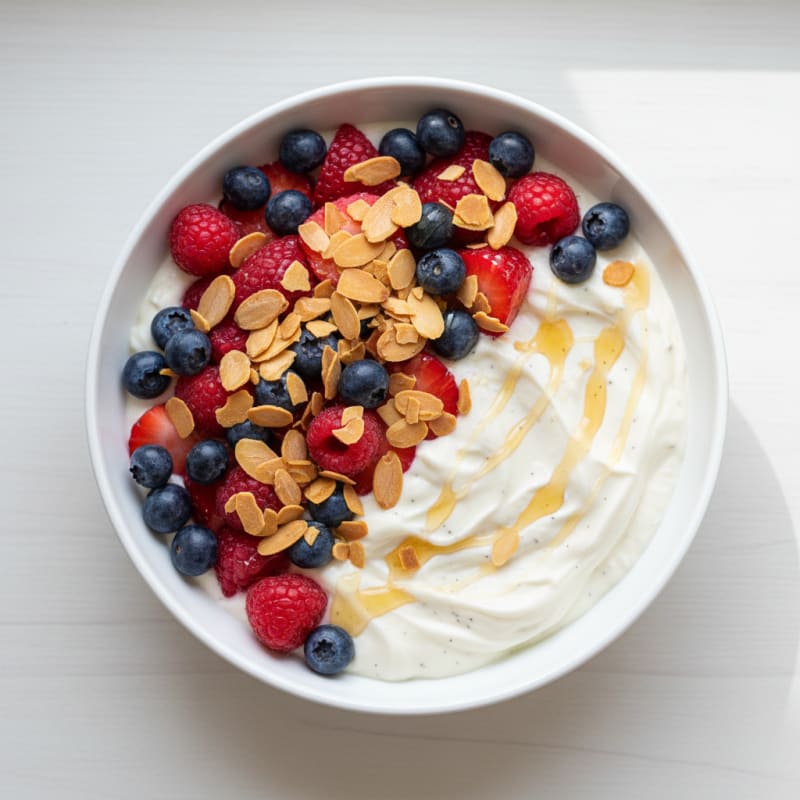 Greek Yogurt Protein Parfait with Mixed Berries and Almonds