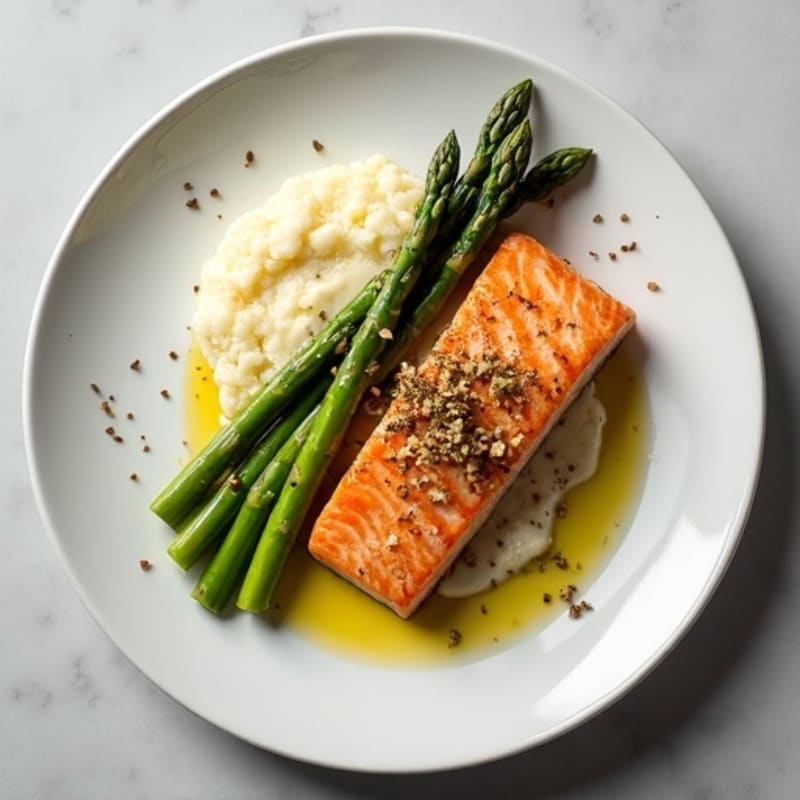 Seared Salmon with Steamed Asparagus and Cauliflower Mash