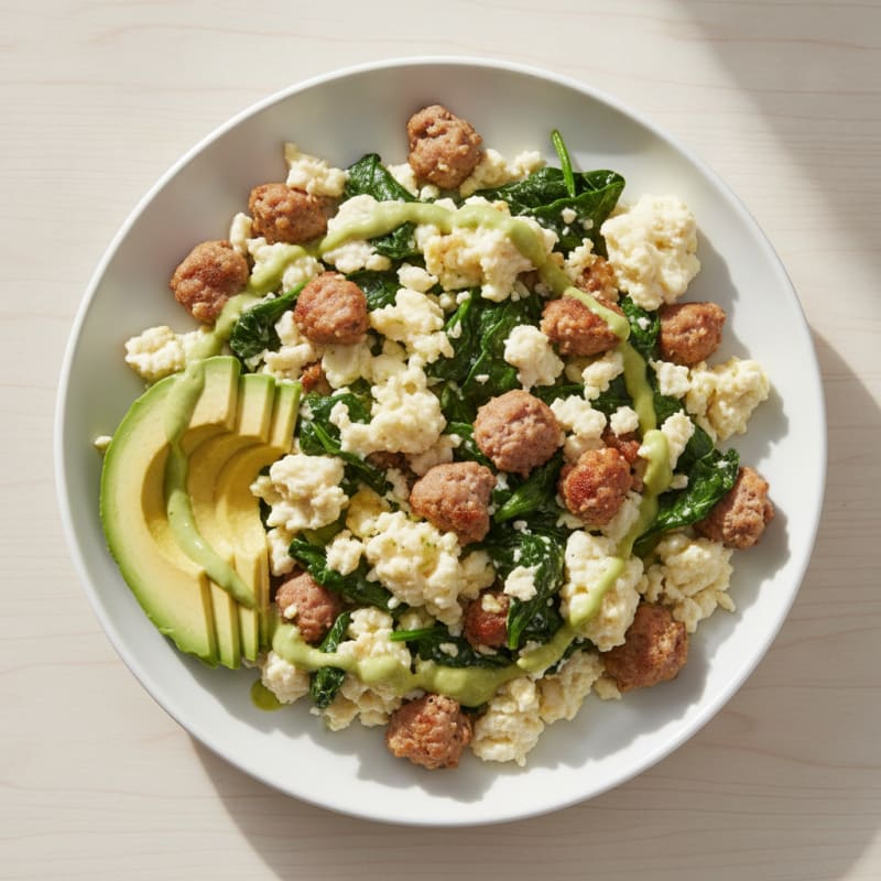 Egg White and Turkey Sausage Scramble with Sautéed Spinach