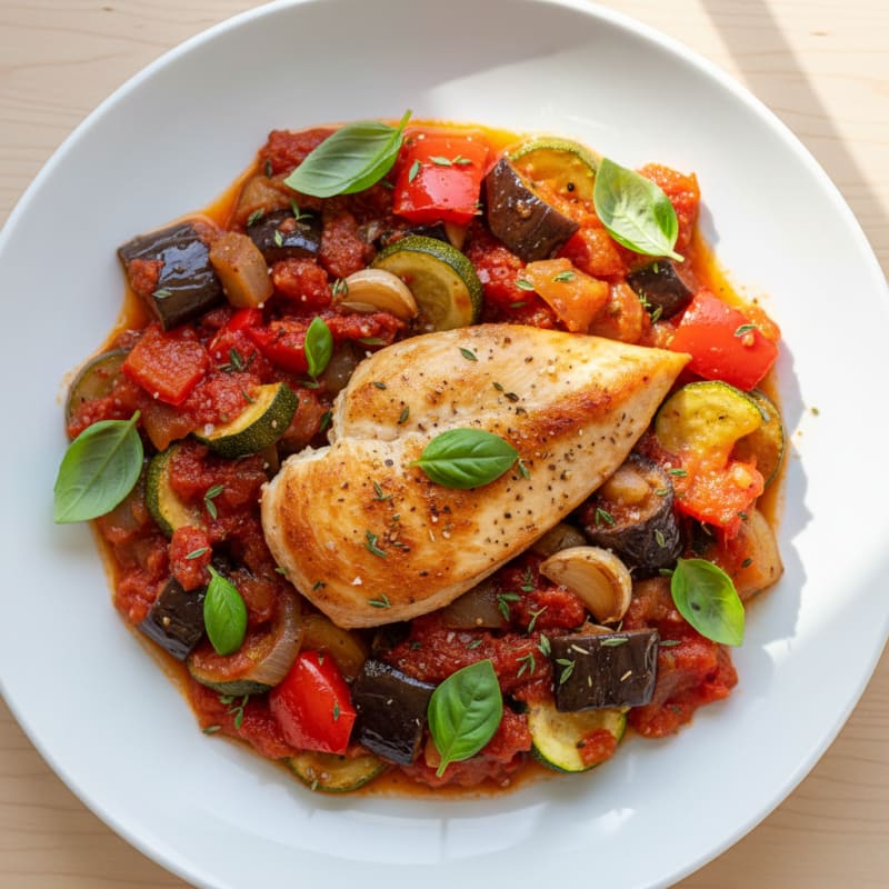 Roasted Vegetable Provencal Ratatouille with Sautéed Chicken