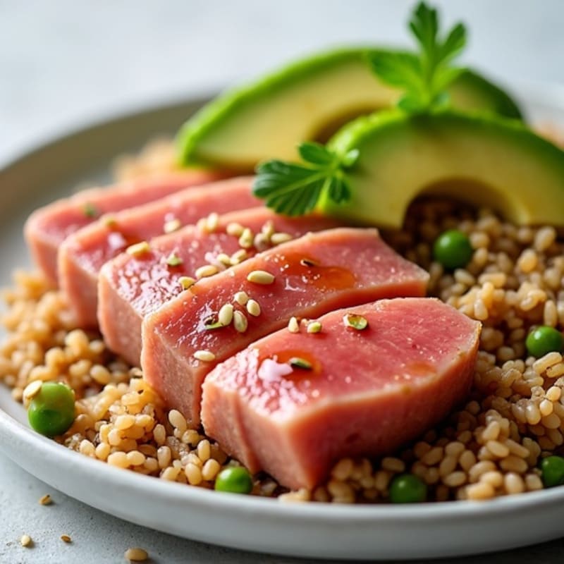 Fresh Sesame Marinated Tuna with Brown Rice and Creamy Avocado