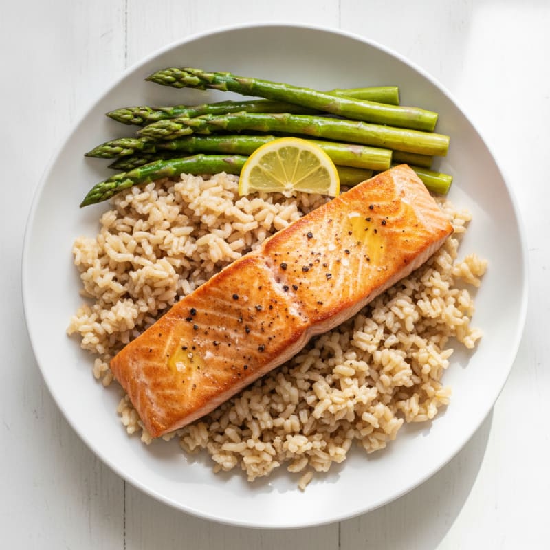 Seared Salmon with Steamed Asparagus and Brown Rice