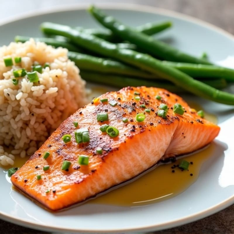 Seared Salmon with Garlic Green Beans and Brown Rice