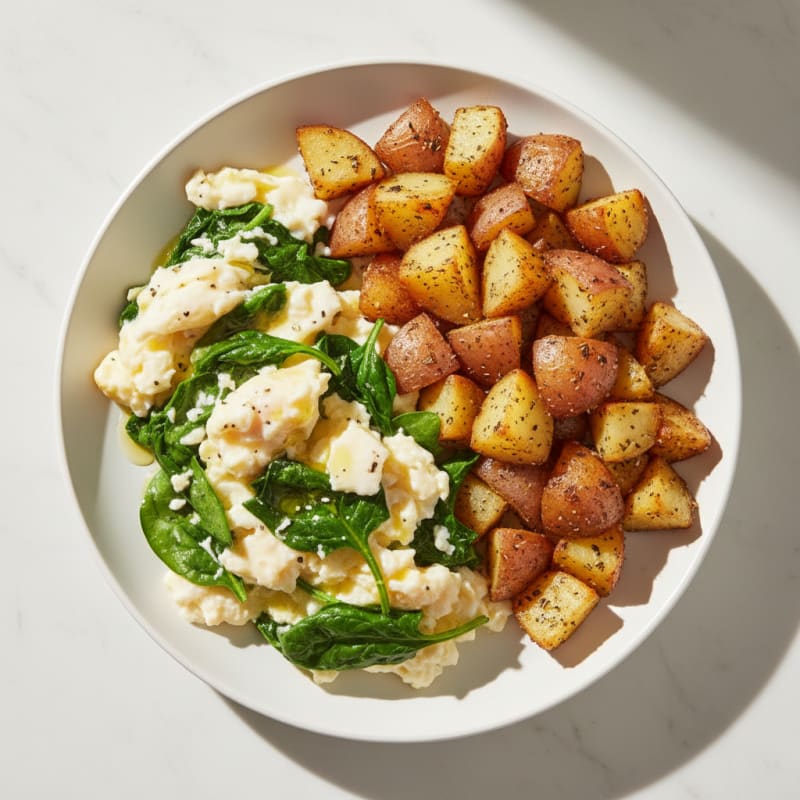 Scrambled Eggs with Sautéed Spinach and Roasted Potatoes