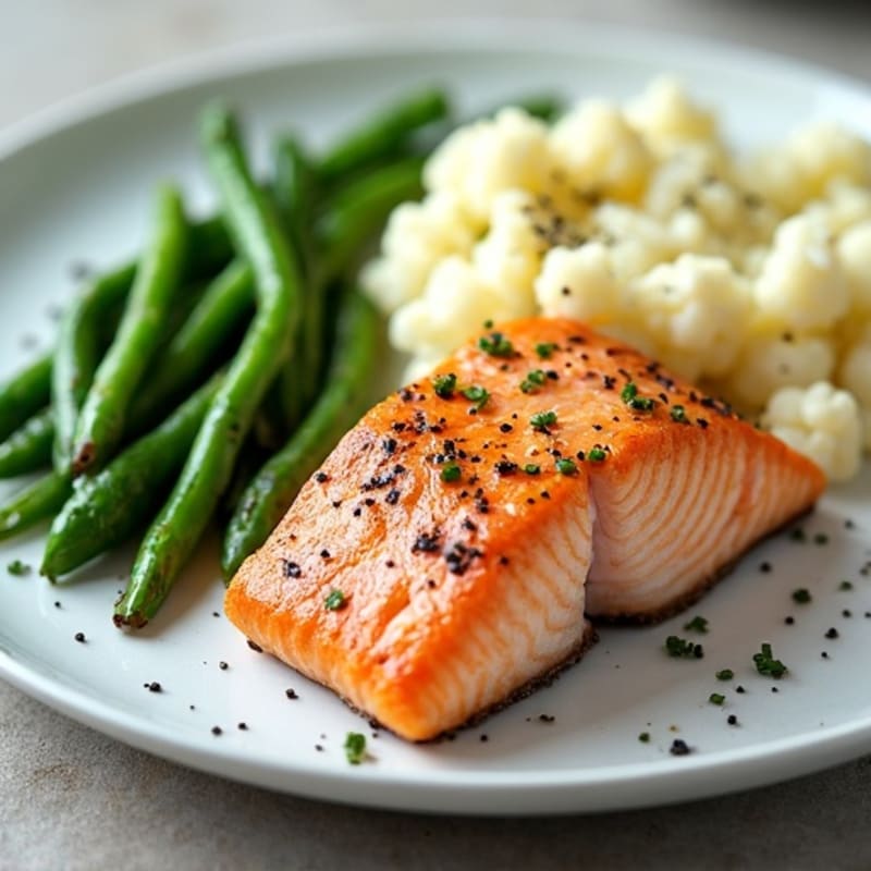 Seared Salmon with Steamed Green Beans and Garlic Mashed Cauliflower