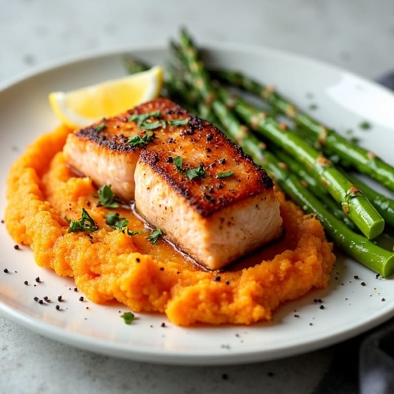 Seared Salmon with Roasted Asparagus and Sweet Potato Mash