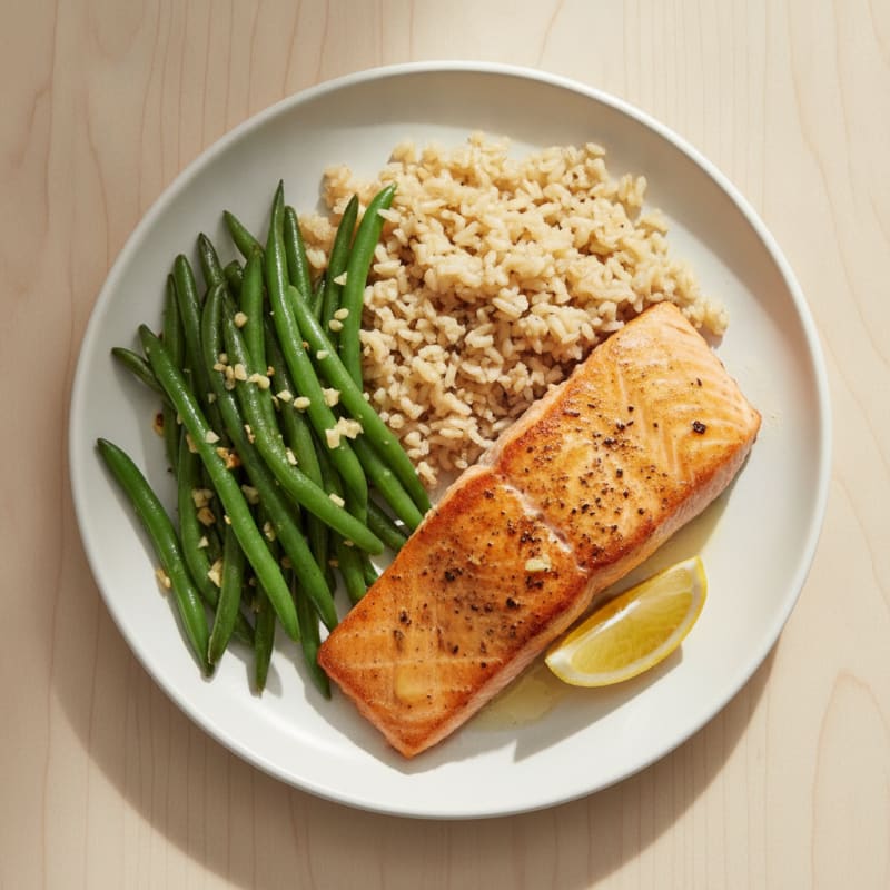 Seared Salmon with Garlic Green Beans and Brown Rice