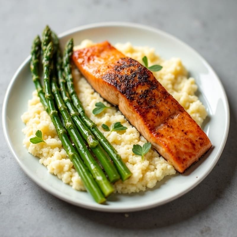Seared Salmon with Roasted Asparagus and Cauliflower Mash