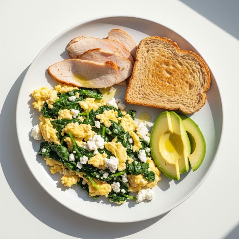Egg White and Spinach Scramble with Cottage Cheese and Sliced Turkey