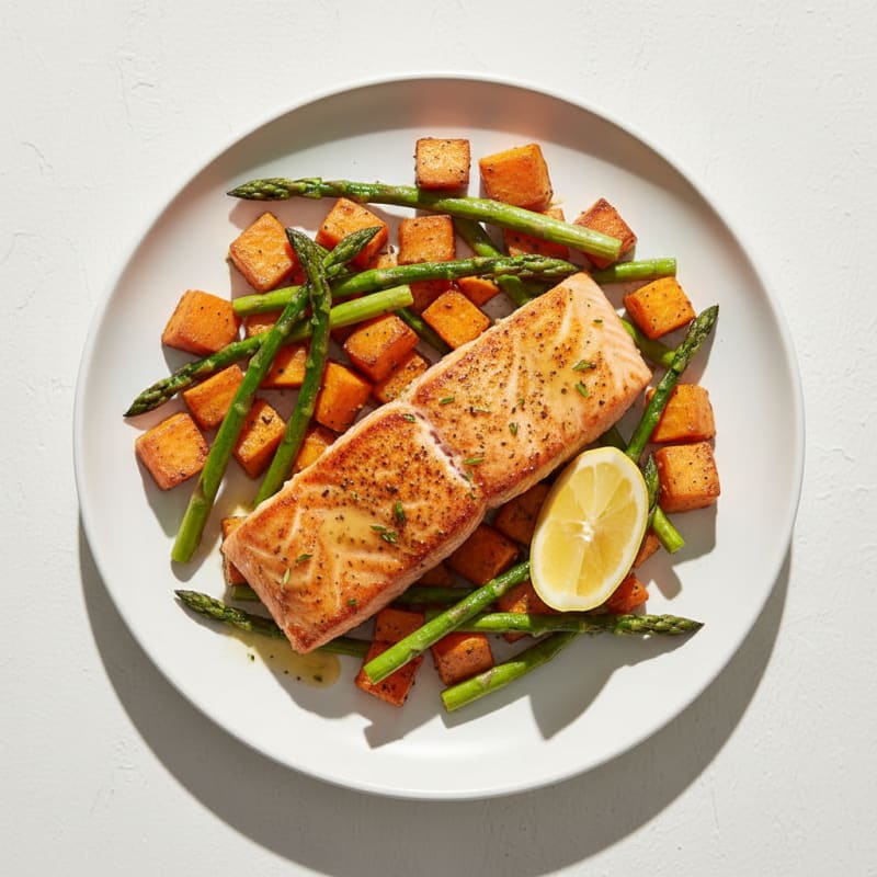 Seared Salmon with Roasted Sweet Potato and Asparagus