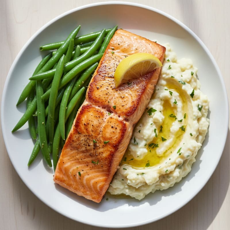 Seared Salmon with Steamed Green Beans and Garlic Mashed Cauliflower