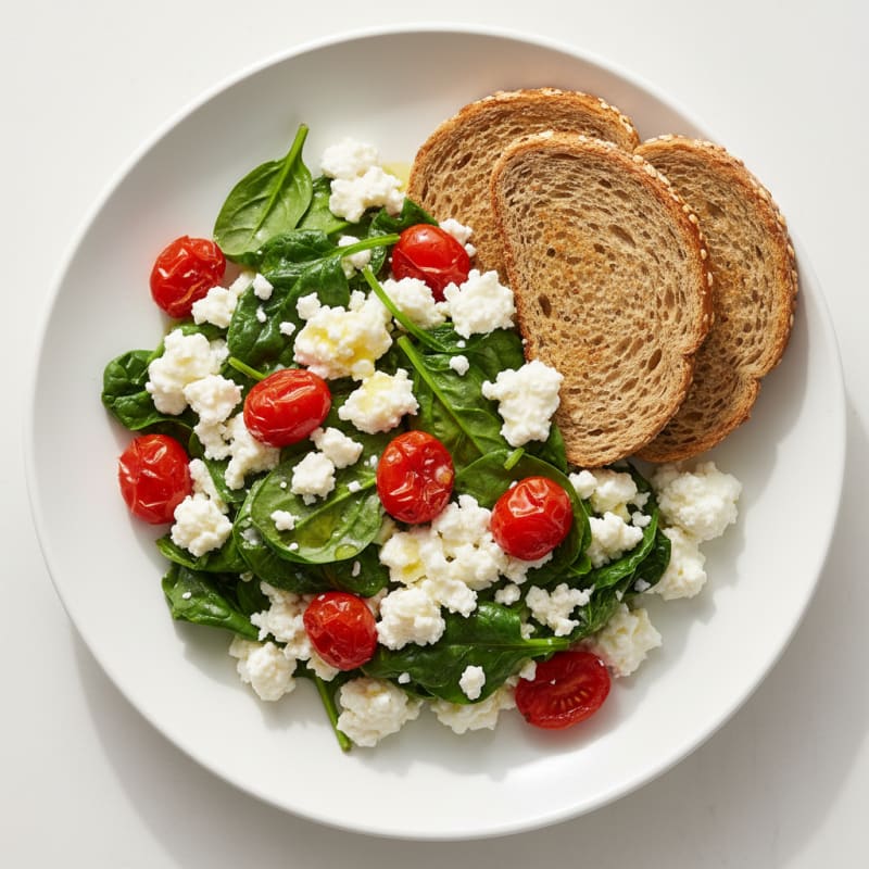 Cottage Cheese Egg White Scramble with Spinach and Cherry Tomatoes