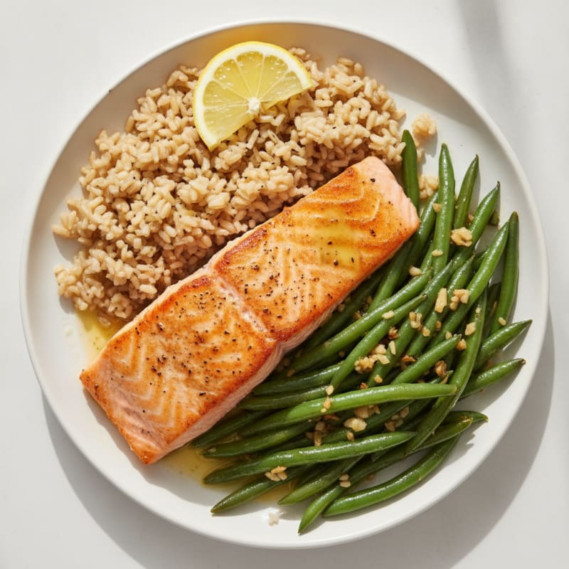 Seared Salmon with Garlic Green Beans and Brown Rice