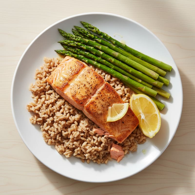 Seared Salmon with Steamed Asparagus and Brown Rice