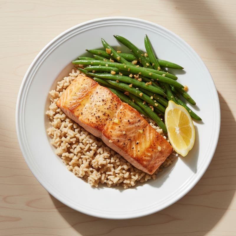 Seared Salmon with Garlic Green Beans and Brown Rice