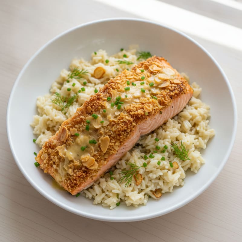 Crispy Baked Salmon with Creamy Garlic Rice