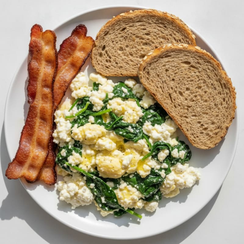Cottage Cheese Scramble with Spinach and Turkey Bacon