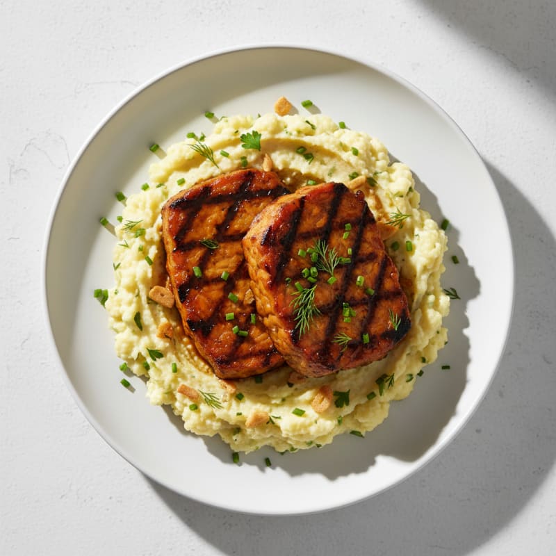 Grilled Tempeh Steaks with Herbed Cauliflower Mash