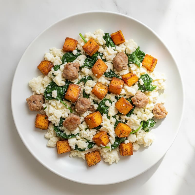 Egg White and Turkey Sausage Scramble with Spinach and Roasted Sweet Potato