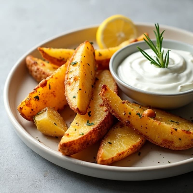 Crispy Herb-Roasted Potato Wedges with Garlic & Greek Yogurt Chickpea Dip
