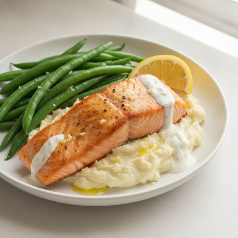 Seared Salmon with Steamed Green Beans and Garlic Mashed Cauliflower