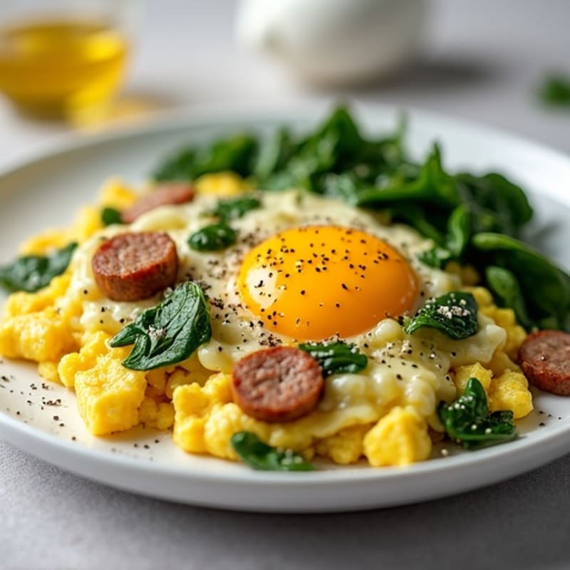 Egg White Scramble with Turkey Sausage and Sautéed Spinach