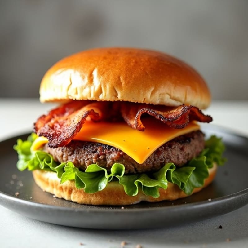 Juicy Lean Beef Burger with Crispy Turkey Bacon and Sharp Cheddar