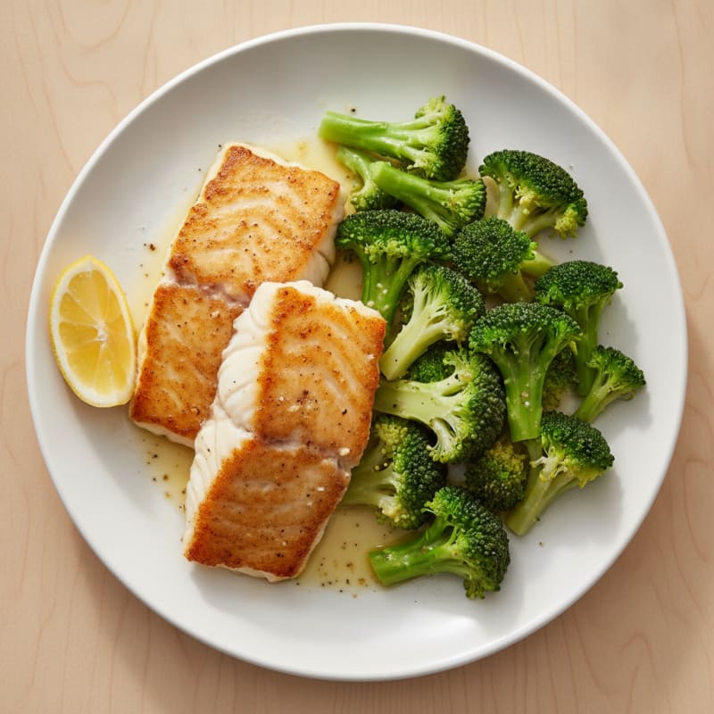 Seared Cod with Steamed Broccoli and Lemon