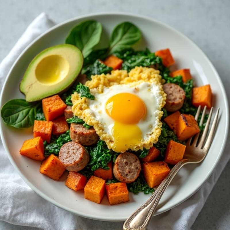 Egg White and Turkey Sausage Scramble with Spinach and Roasted Sweet Potato