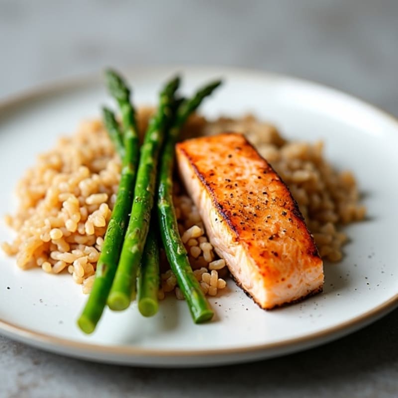 Seared Salmon with Steamed Asparagus and Brown Rice