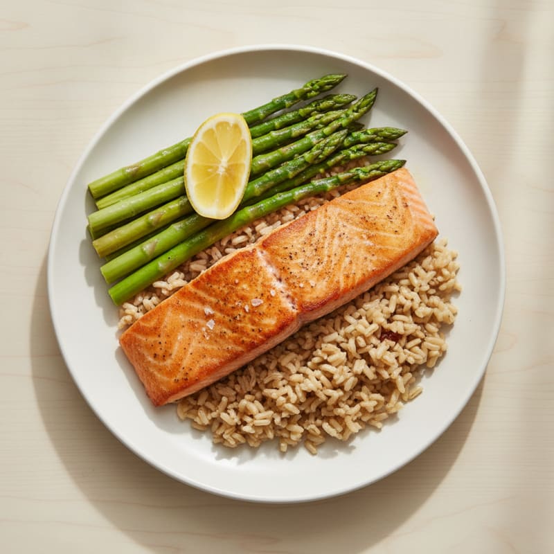 Seared Salmon with Steamed Asparagus and Brown Rice