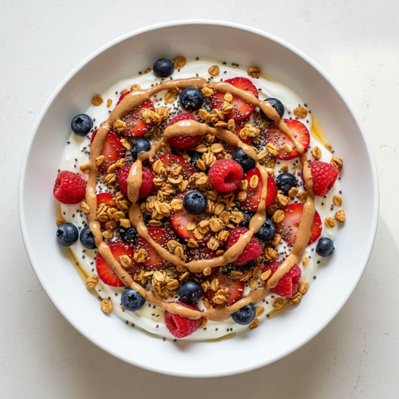 Greek Yogurt Bowl with Mixed Berries, Chia Seeds and Almond Butter
