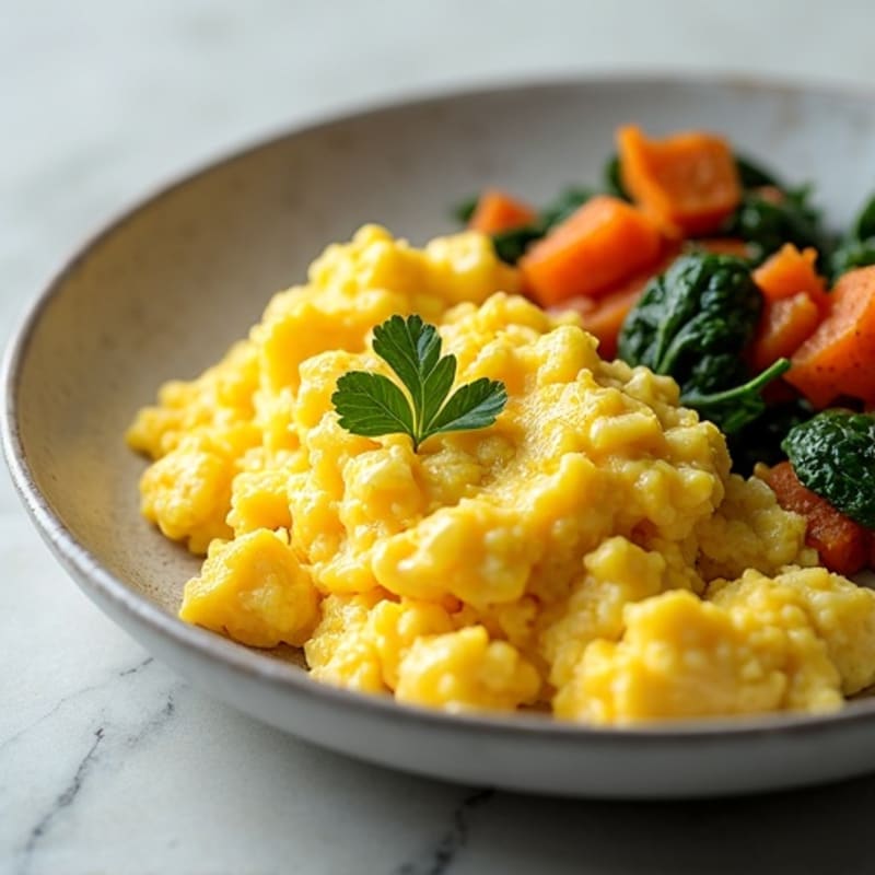 Fluffy Scrambled Eggs with Spinach and Sweet Potato Hash