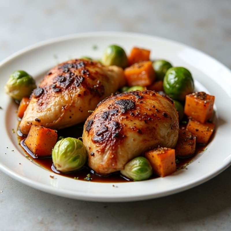 Roasted Chicken with Balsamic Glazed Brussels Sprouts and Sweet Potatoes