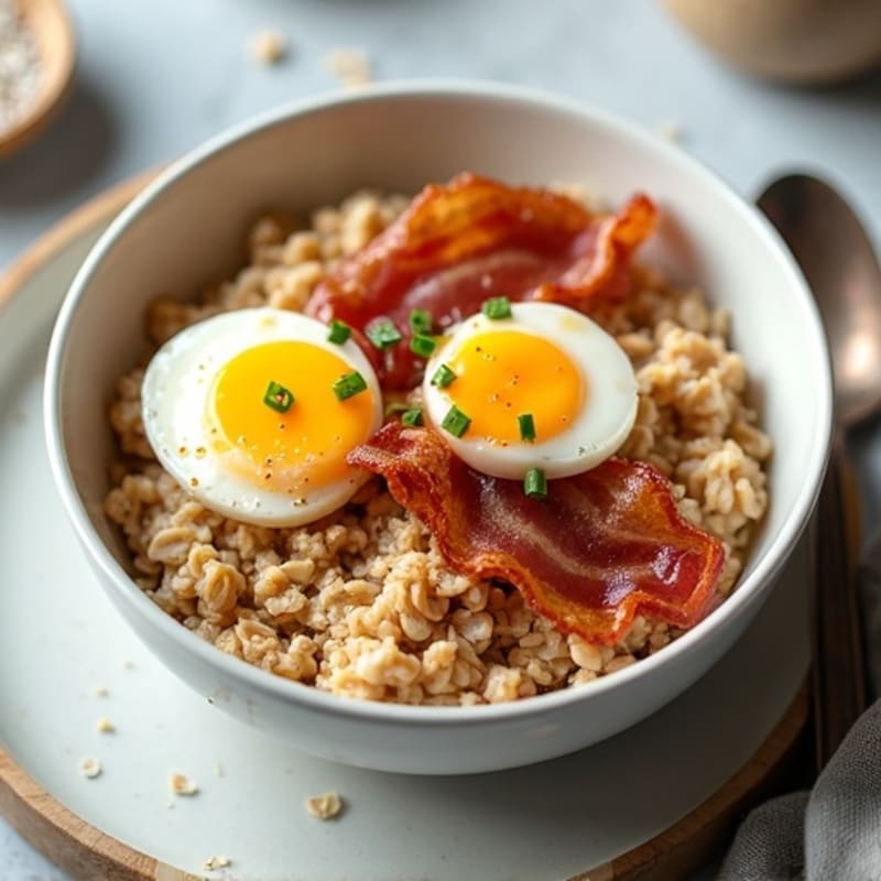 Savory Protein-Packed Oatmeal Bowl with Crispy Bacon and Soft-Poached Eggs
