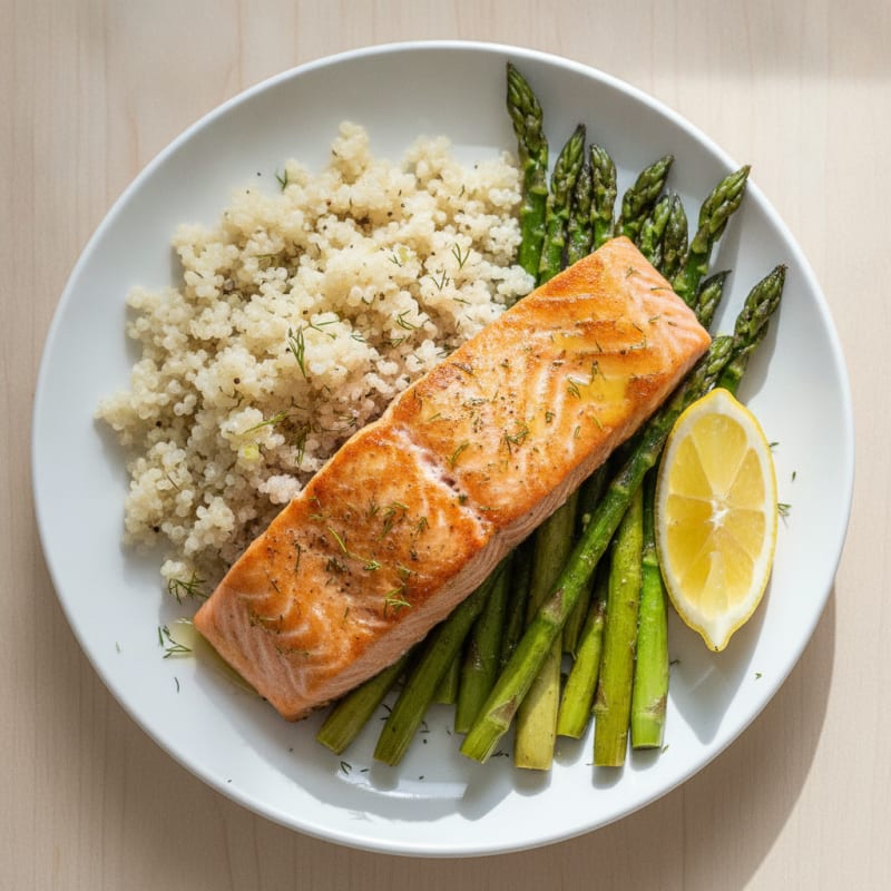 Seared Salmon Fillet with Roasted Asparagus and Quinoa