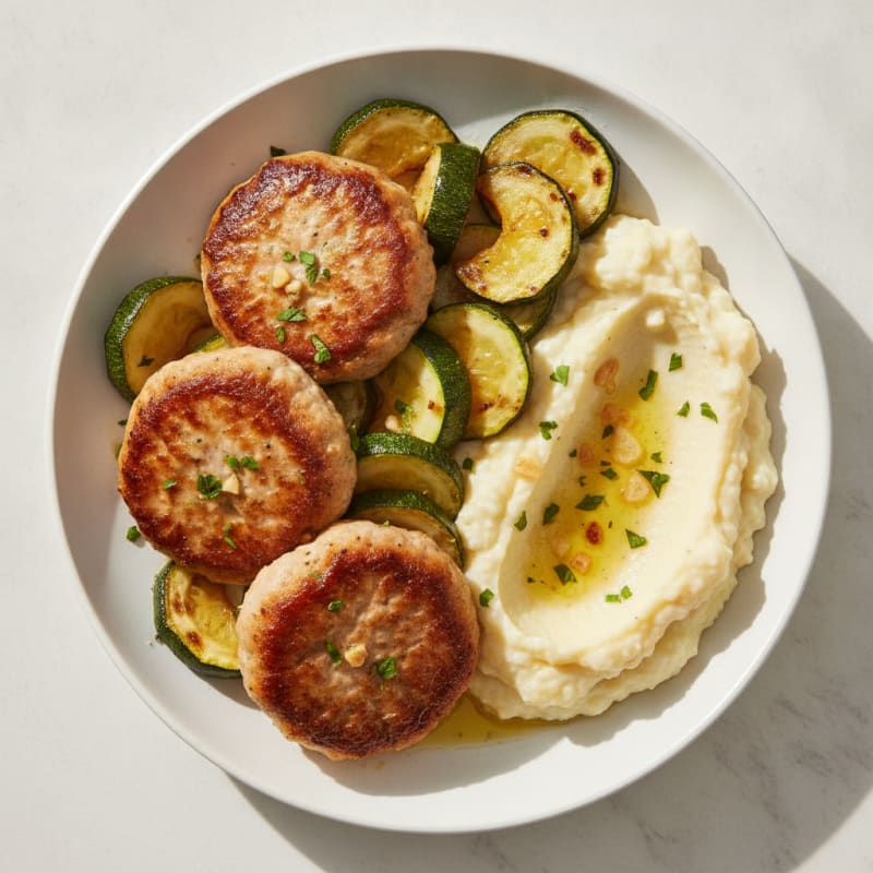 Seared Turkey Patties with Roasted Zucchini and Cauliflower Mash