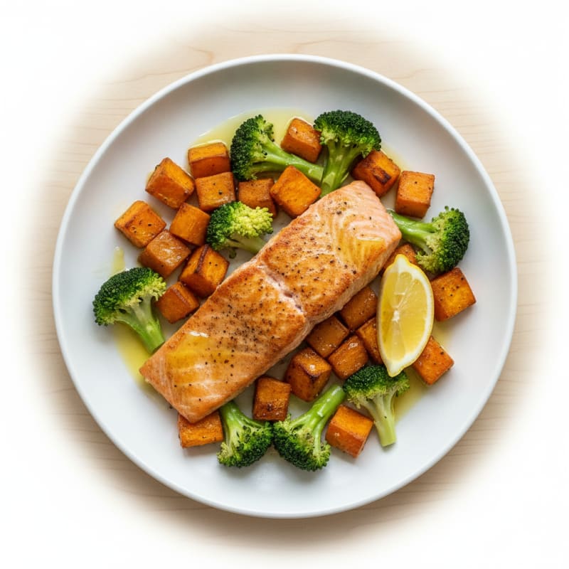 Seared Salmon with Roasted Sweet Potato and Steamed Broccoli