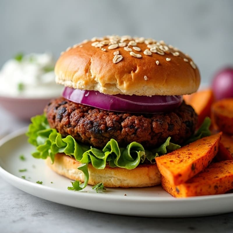 Hearty Smoky Black Bean Burgers with Crispy Roasted Sweet Potatoes
