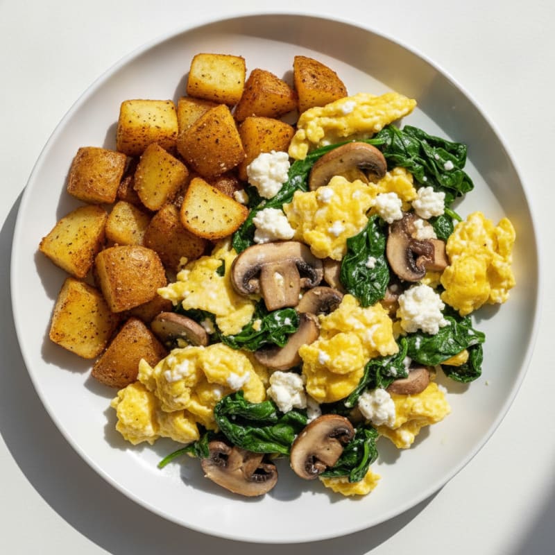 Egg and Cottage Cheese Scramble with Sautéed Mushrooms and Spinach