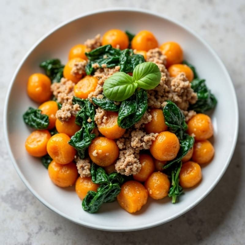 Sweet Potato Gnocchi with Lean Ground Turkey and Sautéed Spinach
