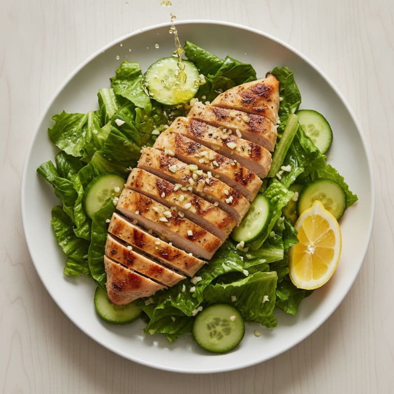 Grilled Chicken Breast over Crunchy Romaine Salad