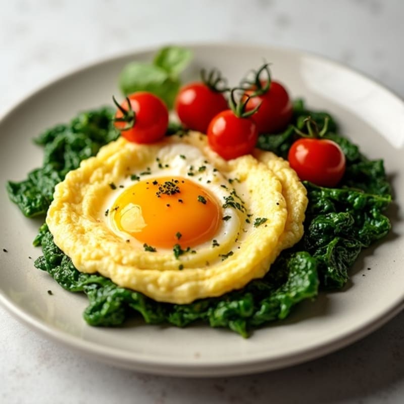 Fluffy Scrambled Eggs with Sautéed Spinach and Cherry Tomatoes