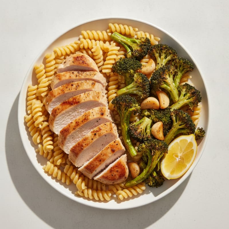 Seared Turkey Breast with Roasted Broccoli and Chickpea Pasta