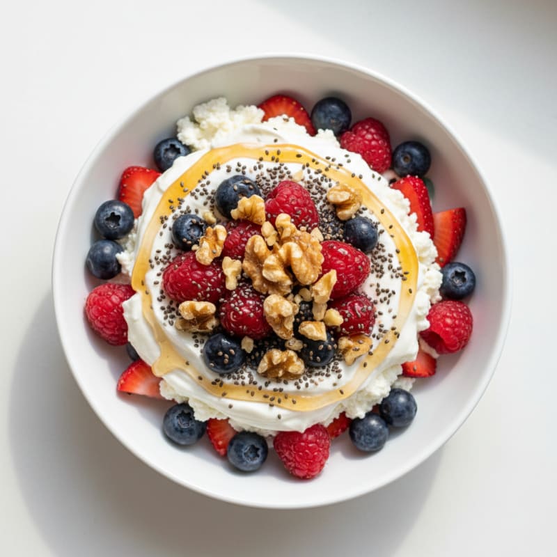 Greek Yogurt Parfait with Cottage Cheese, Mixed Berries and Chia Seeds