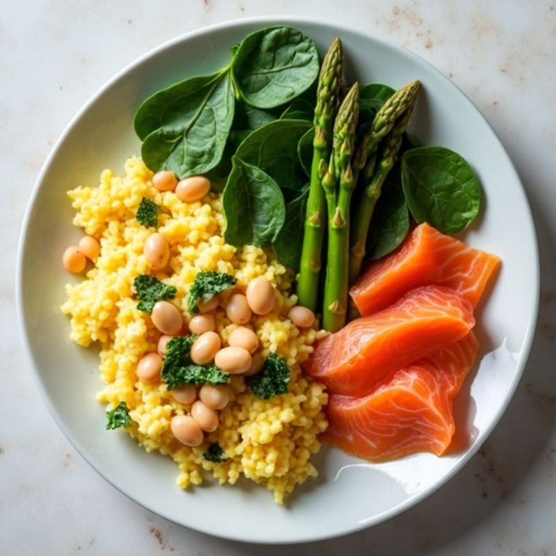 Creamy Scrambled Eggs with Pinto Beans and Sautéed Spinach (with a side of Sautéed Asparagus & Smoked Salmon)