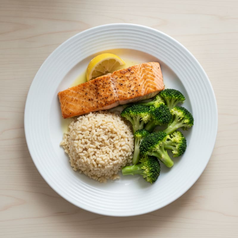 Seared Salmon with Steamed Broccoli and Brown Rice