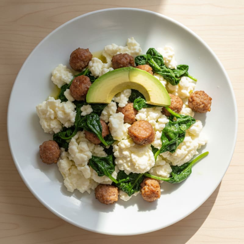 Egg White Scramble with Turkey Sausage and Sautéed Spinach